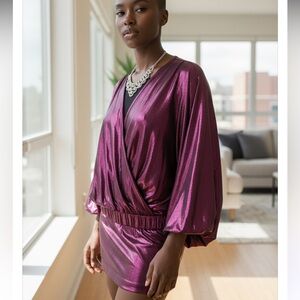 New York & Company Shimmery Metallic Purple Draped Dress Size L Dolman Sleeves